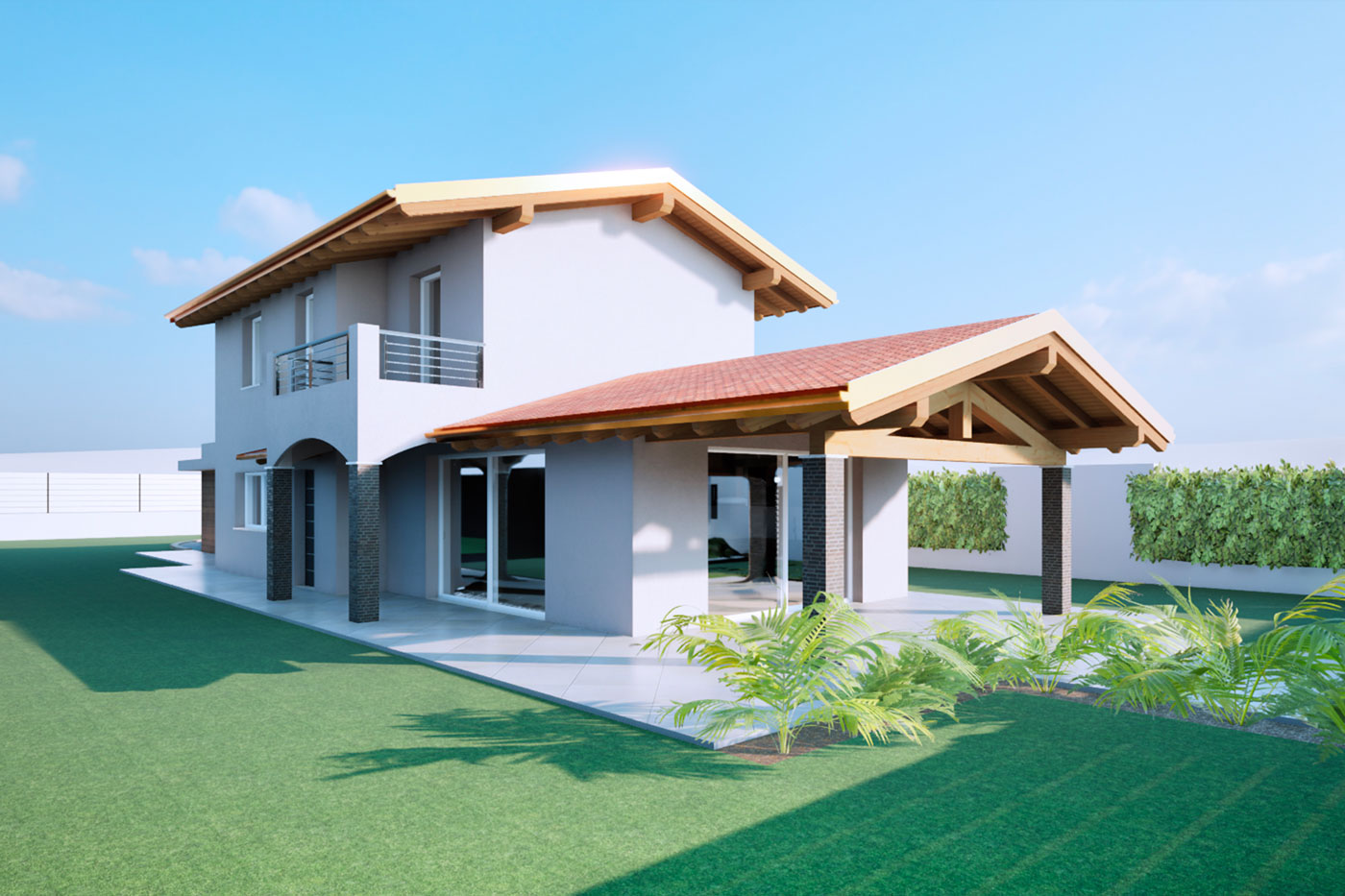 render villa e tettoia in legno